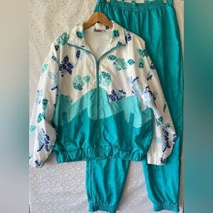Prince 2 Pcs Set Tracksuit Tennis Jacket Pants green /white Floral M FullZip Vtg